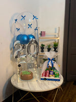 Load image into Gallery viewer, Cobalt Birthday Milestone cake and snack basket with blue balloon decoration