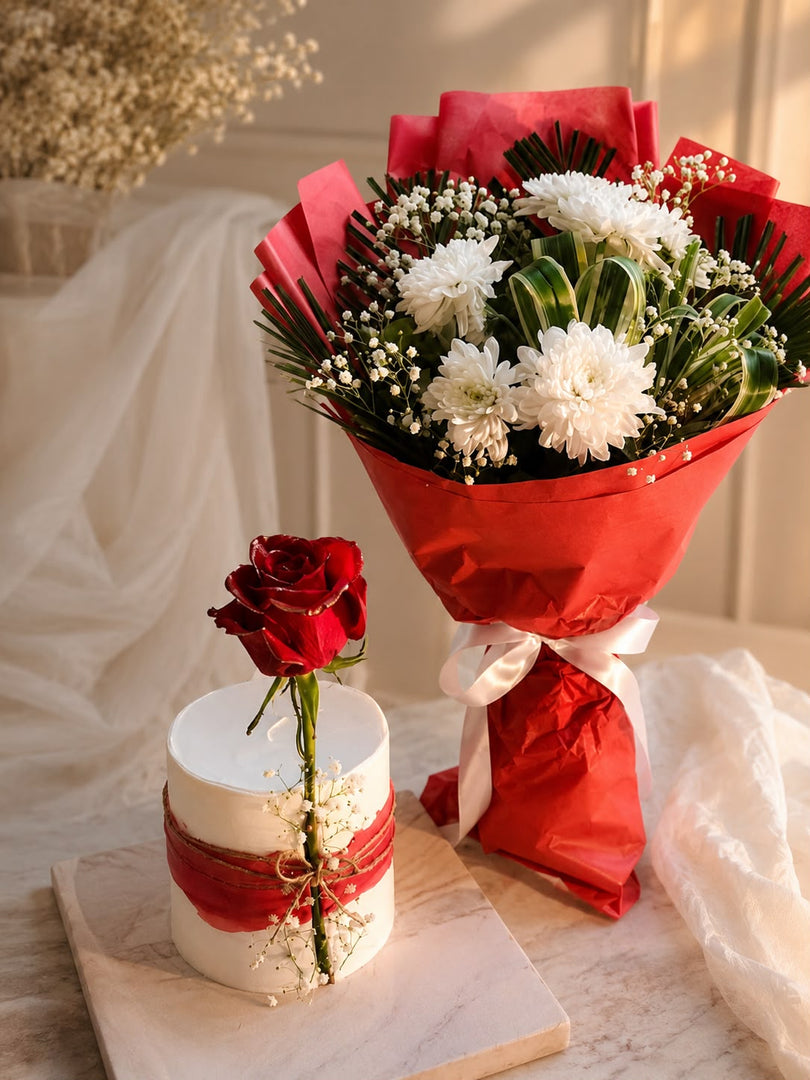 Scarlet Ribbon red and white flower bouquet with red rose, baby's breath, matching cake, and white ribbon