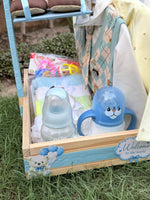 Load image into Gallery viewer, Baby welcome gift hamper with blue balloons, newborn outfits and baby accessories