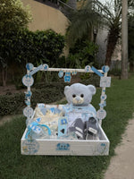 Load image into Gallery viewer, Tiny Prince Basket with teddy bear and blue baby essentials