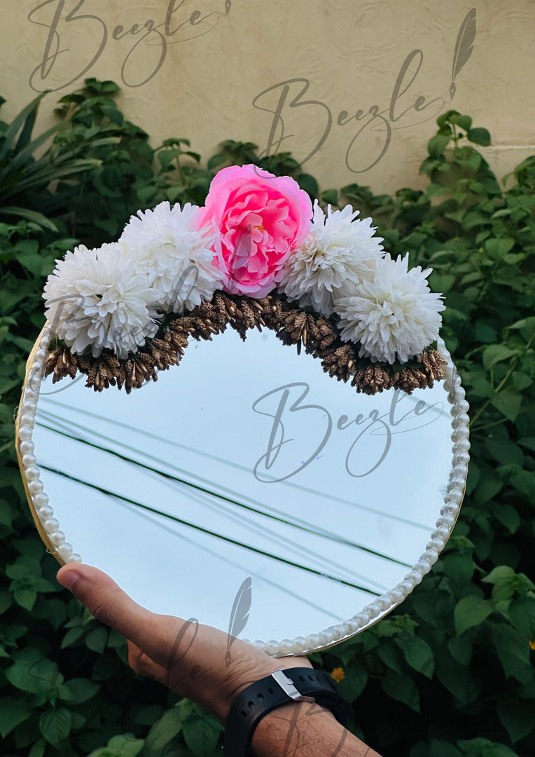 Mirror Base Engagement Ring Tray with Pearls & Pink White Flowers | ERT-011