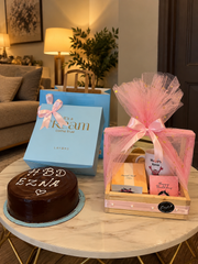 Blush Dream Luxe pink birthday gift arrangement with cake, hamper, ribbon and luxury keepsake box