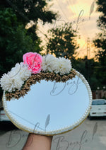 Load image into Gallery viewer, Elegant Pearl Bordered Mirror Nikkah Tray with Pink and White Flowers |NT-011
