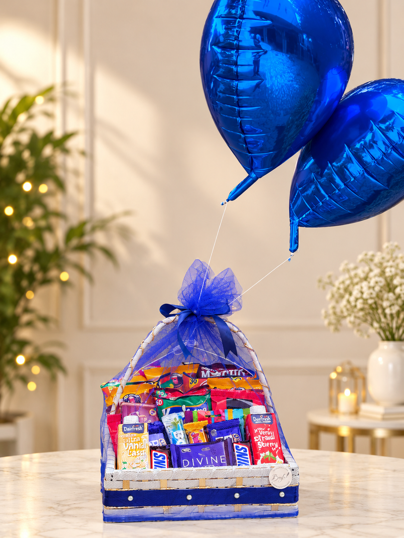 Blue Gift Basket with Heart Balloons | GB-178