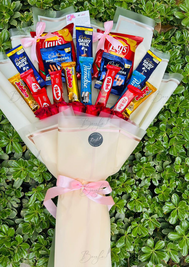 Snack & Chips Bouquet with Chocolates & Roses | BCG-164
