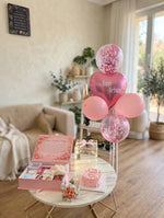 Load image into Gallery viewer, Pink birthday gift arrangement with confetti balloons, beauty gift box, pink cake and floral bouquet