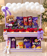 Load image into Gallery viewer, Violet Indulgence birthday gift with red roses teddy bear chocolates and snacks