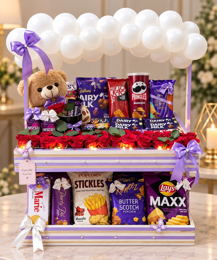 Violet Indulgence birthday gift with red roses teddy bear chocolates and snacks