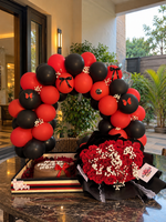 Load image into Gallery viewer, Luxury red and black birthday gift set with flowers, cake and chocolate box