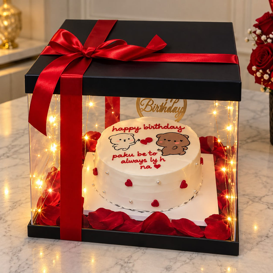 Crimson Delight luxury cake gift box with red ribbon, fairy lights and elegant birthday decoration