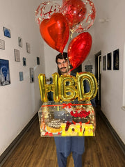 Luxury birthday surprise acrylic gift box with cake, fresh roses, LED lights, LOVE sign, and heart balloons