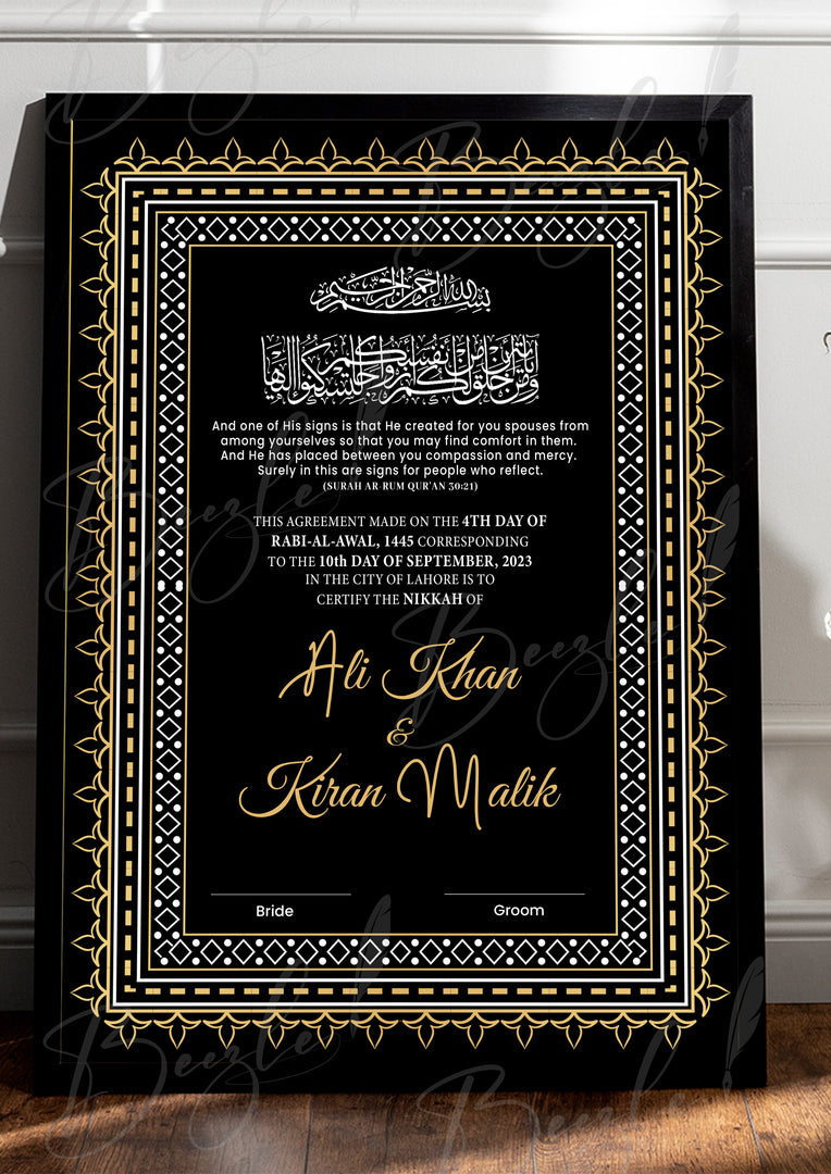 Premium Customized Nikah Certificate With Black & Golden Design | NC-048