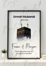 Load image into Gallery viewer, Umrah Mubarak Frame with Illustration &amp; Ayah — Customized with Name and Date
