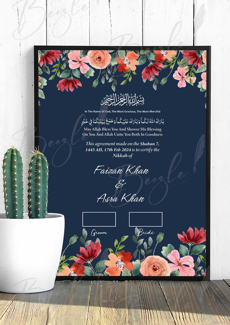 Customized Nikah Certificate With Beautiful Flowers Design | NC-121