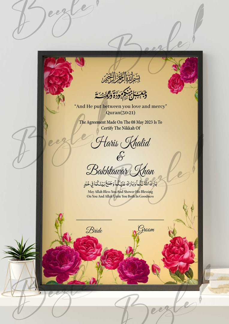 Nikah Certificate With Pink Attractive Flowers Design | NC-130