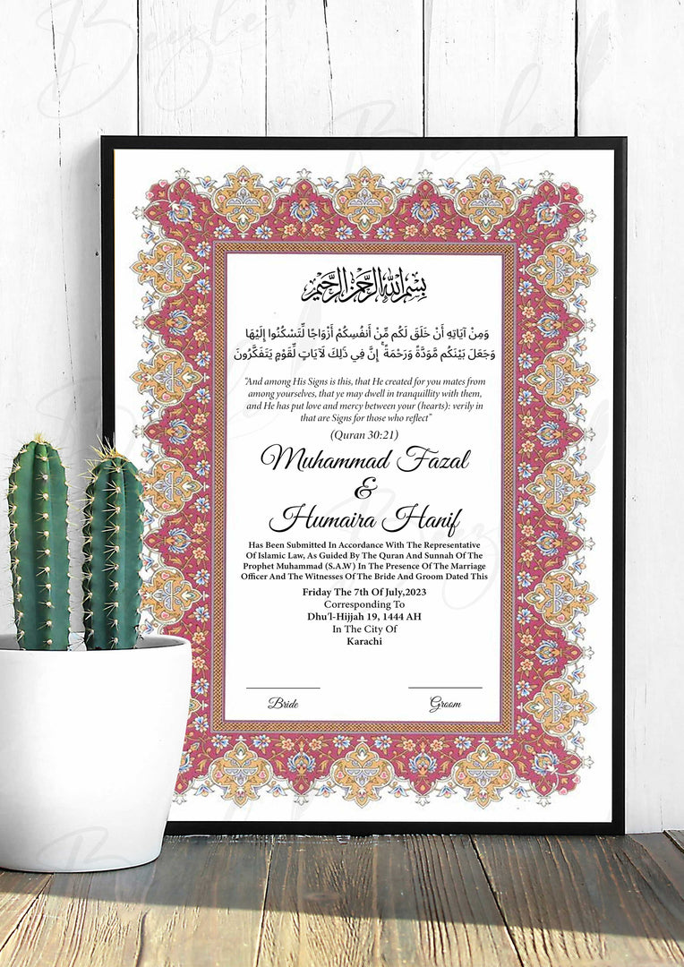 Premium Nikah Certificate With Pink Design | NC-034