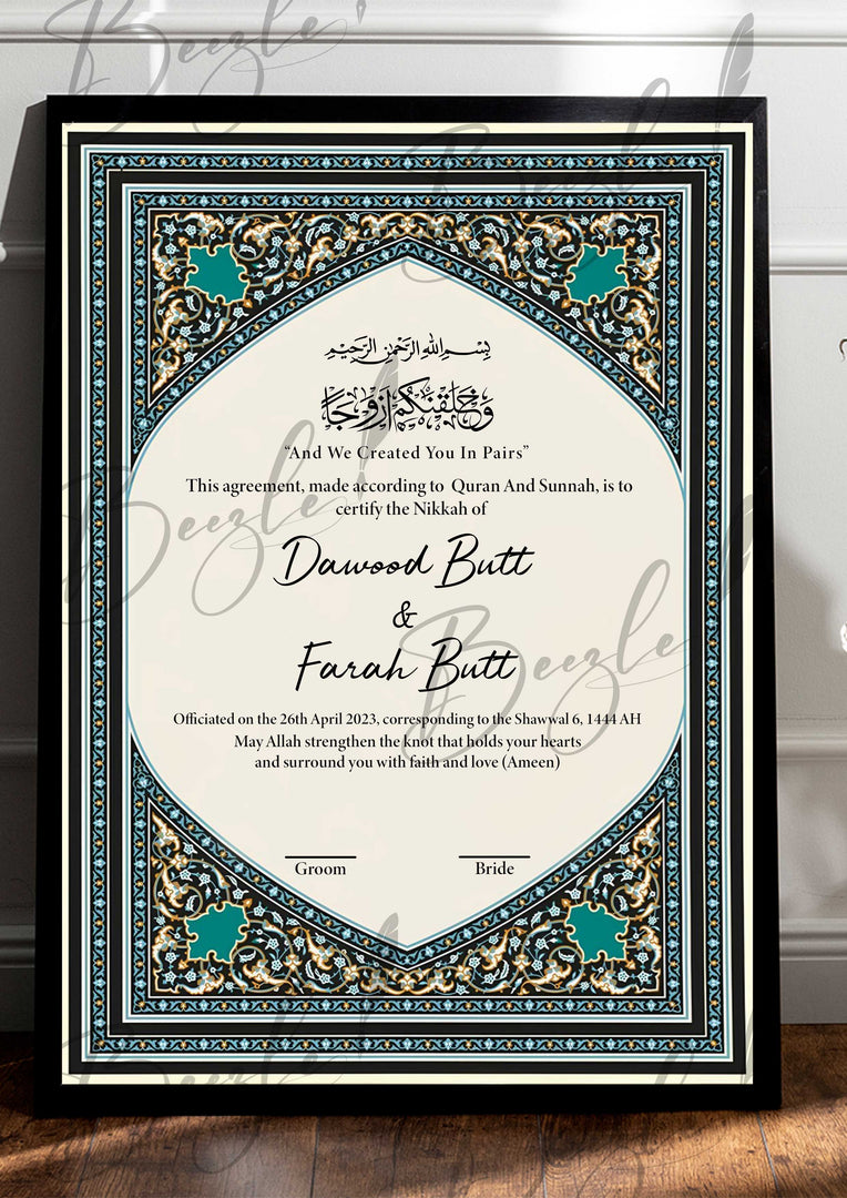 Nikkah Certificate With Classic Black and Firozi Design | NC-089