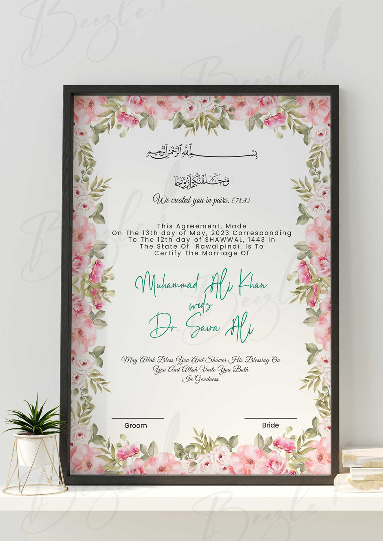 Nikah Certificate With Classic Pink Blossom Frame | NC-043