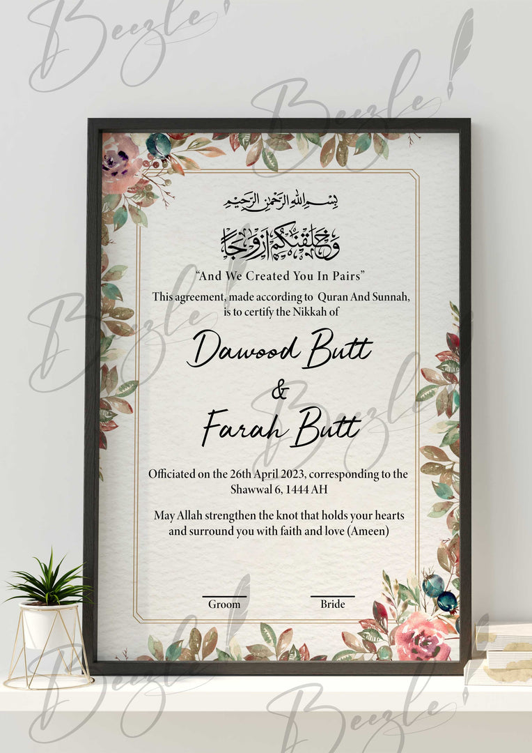 Customized Nikah Certificate With Printed Name | NC-124