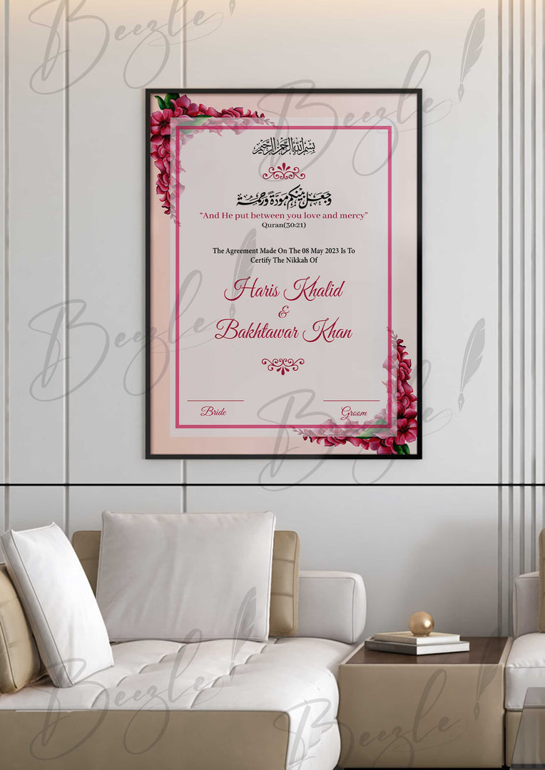 Customized Nikkah Certificate with Pink Flower Design | NC-086