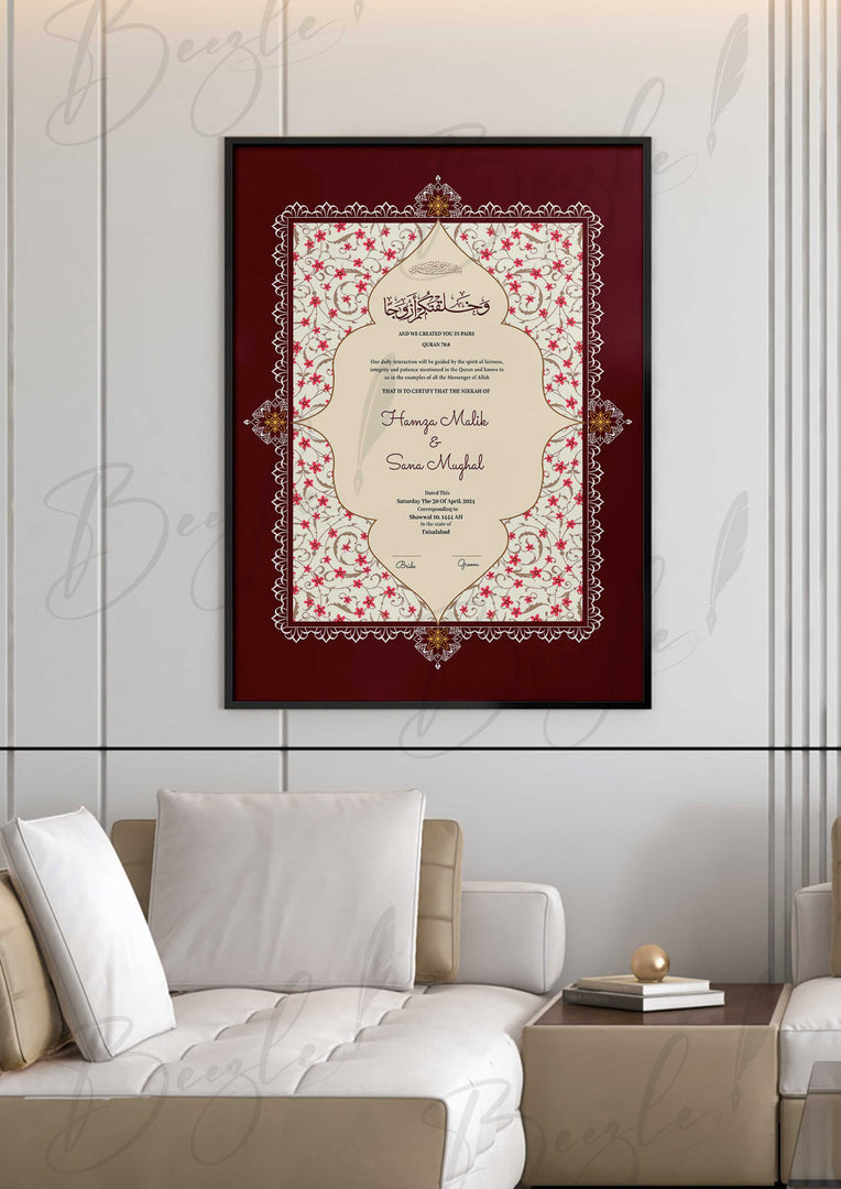 Nikah Certificate With a Combination of Maroon & Pink Design | NC-067