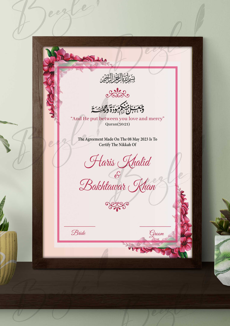 Customized Nikkah Certificate with Pink Flower Design | NC-086