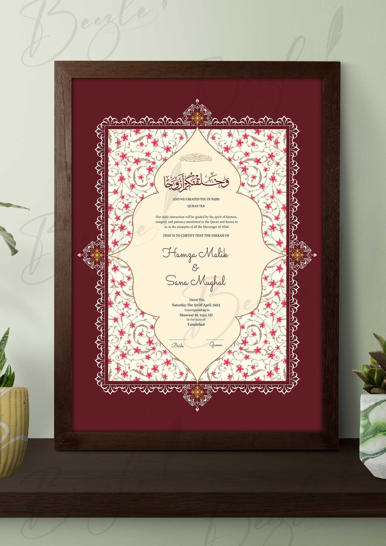 Nikah Certificate With a Combination of Maroon & Pink Design | NC-067