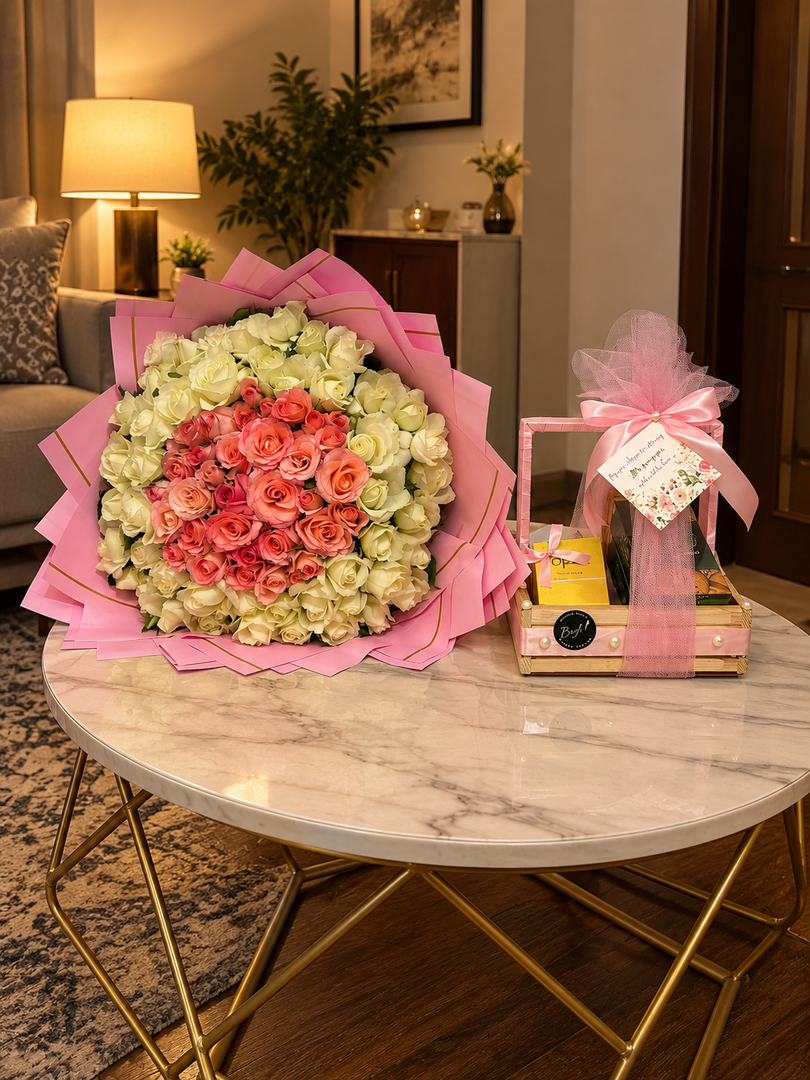 Blush Floral Keepsake with pink and ivory flower bouquet and elegant gift basket