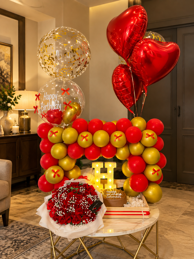 Luxury red and gold birthday gift set with rose bouquet, cake and illuminated letter