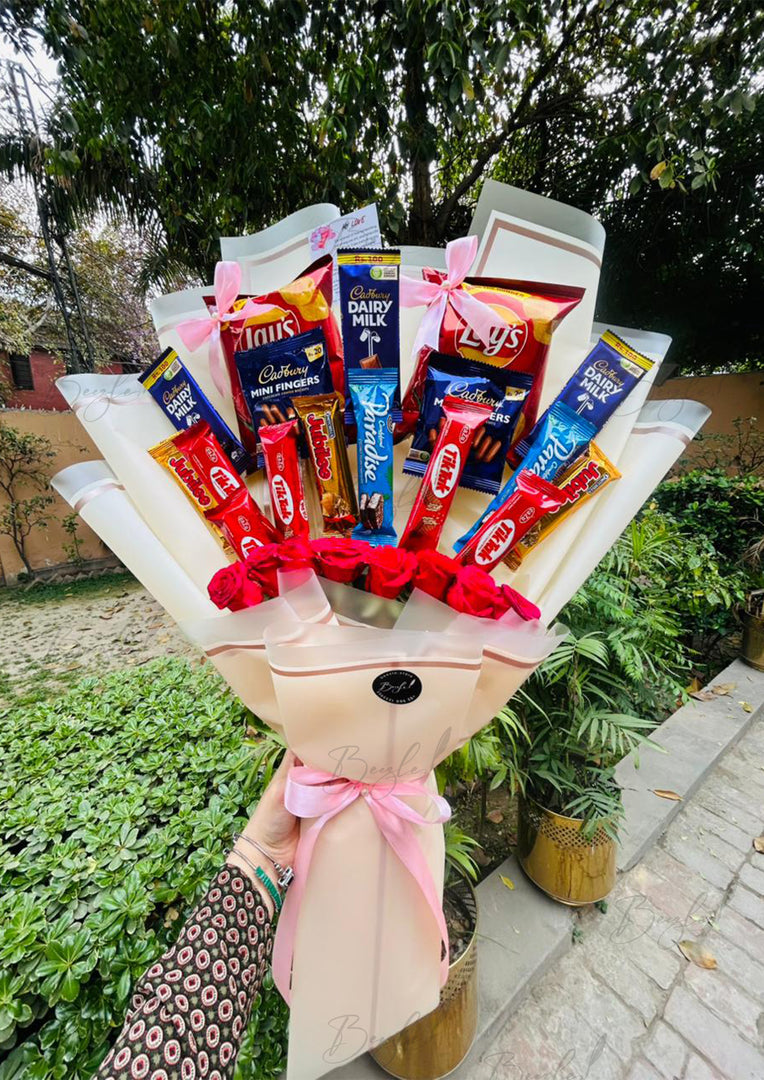 Snack & Chips Bouquet with Chocolates & Roses | BCG-164
