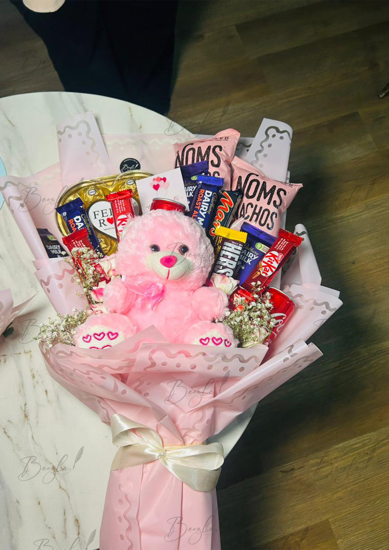 Teddy and Chocolate Gift Bouquet with Pink Wrap and Red Ribbon | BCG-023