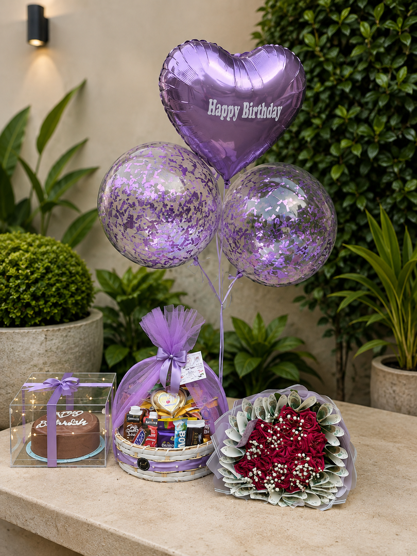 Luxury purple birthday hamper with money bouquet and customized cake