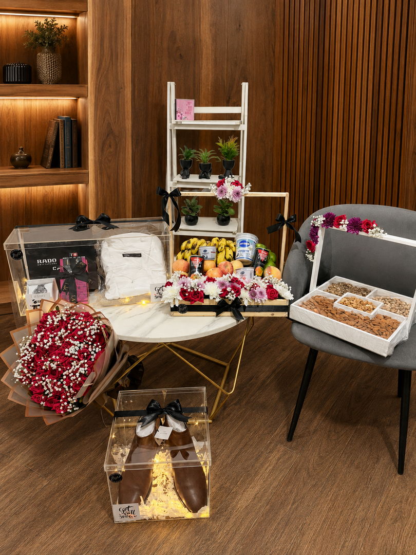 Gentleman’s Legacy luxury birthday gift for him with flowers fruits nuts shoes and gift boxes
