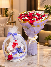 Lavender Red Rose Bouquet with Teddy Gift Basket | GDEL-018