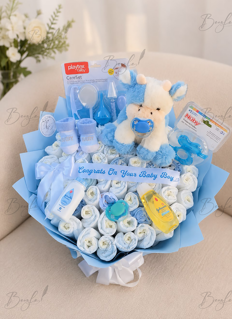 Little Blue Blessing newborn baby boy gift bouquet with baby essentials, plush toy, grooming kit, pacifiers, socks, baby bottle, and premium blue wrapping.