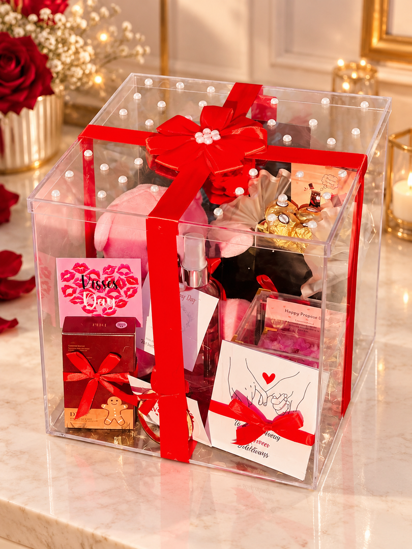 Luxury Acrylic Gift Box with a Red Ribbon & Pearl Elegance | GBO-030