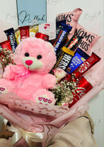 Load image into Gallery viewer, Teddy and Chocolate Gift Bouquet with Pink Wrap and Red Ribbon | BCG-023