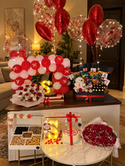 Eternal Love Royale anniversary gift with red roses, cake, balloons, teddy bear and luxury celebration hamper