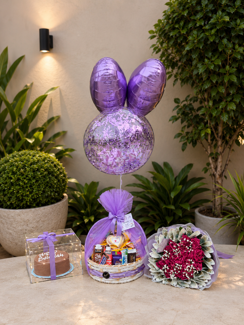 Purple Paradise Hamper with cake, purple balloons and gift basket
