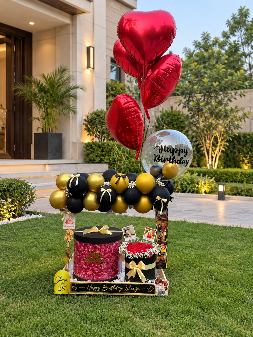 Luxury birthday surprise with personalized balloons, rose boxes and photo memories