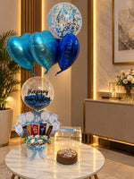 Load image into Gallery viewer, Azure Confetti Charm birthday gift set with blue balloons, chocolate floral arrangement, and cake display box