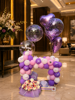 Load image into Gallery viewer, Lilac Whimsy birthday decoration with purple heart balloons personalized birthday balloon and flowers