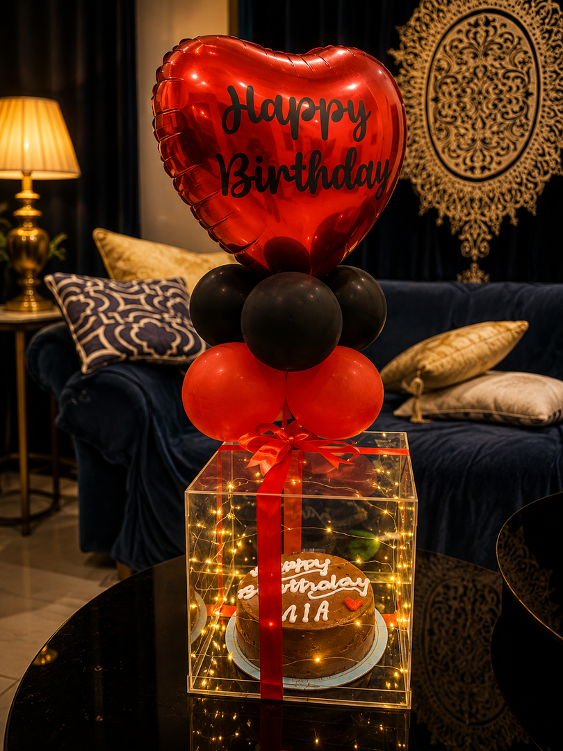 Birthday Cake Box with Lights & Heart Balloon | CB-005