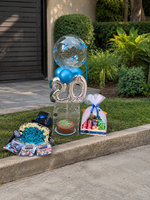 Load image into Gallery viewer, Cobalt Birthday Milestone featuring birthday cake, snack basket and blue silver balloons