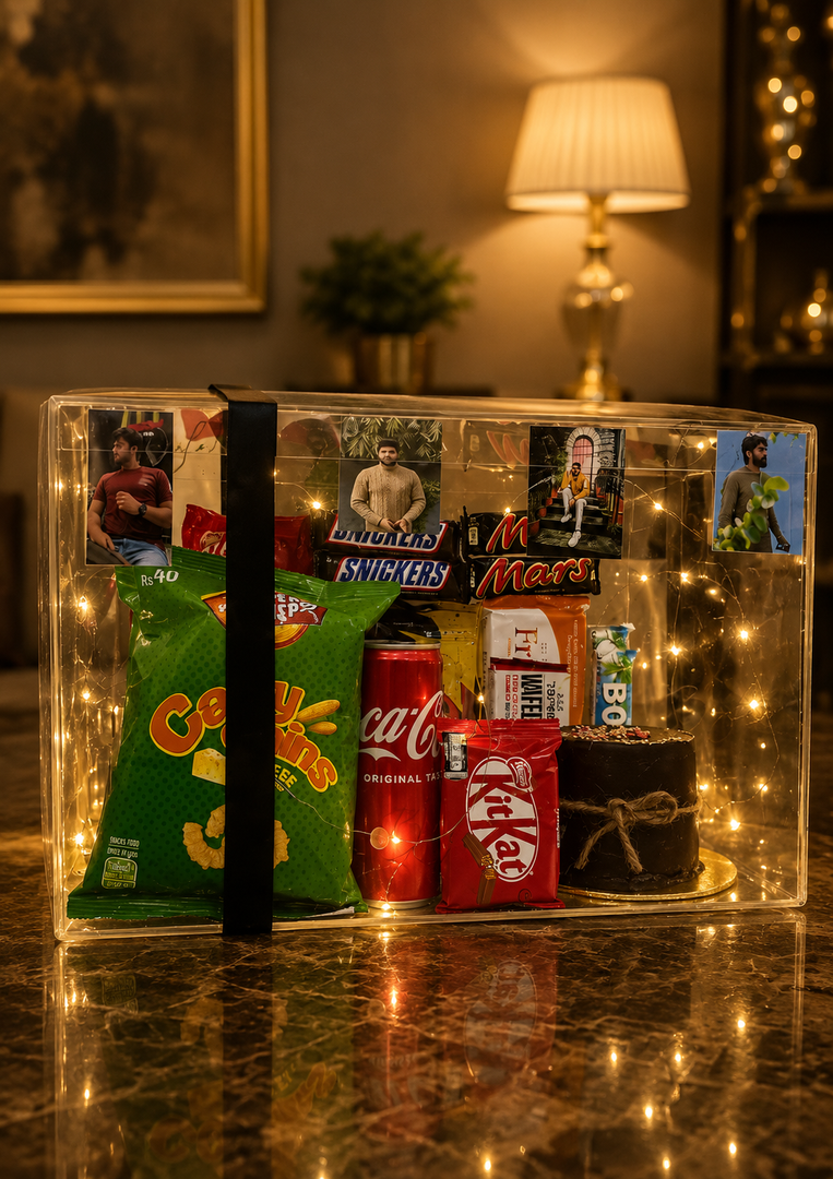 Customized Acrylic Celebration Box with Snacks & Cake | GBO-075