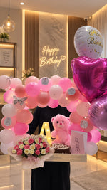 Load image into Gallery viewer, Roselle Blush elegant birthday setup with pink balloons, roses, teddy bear and cake