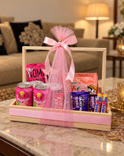 Pink Delight Hamper with snacks, drinks, chocolates and elegant pink ribbon gift box