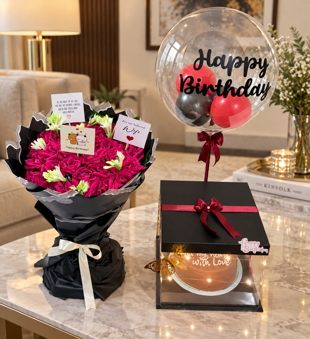 Birthday gift set with pink flowers, balloon and illuminated gift box