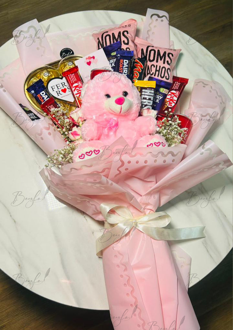 Teddy and Chocolate Gift Bouquet with Pink Wrap and Red Ribbon | BCG-023