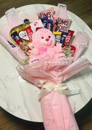 Teddy and Chocolate Gift Bouquet with Pink Wrap and Red Ribbon | BCG-023